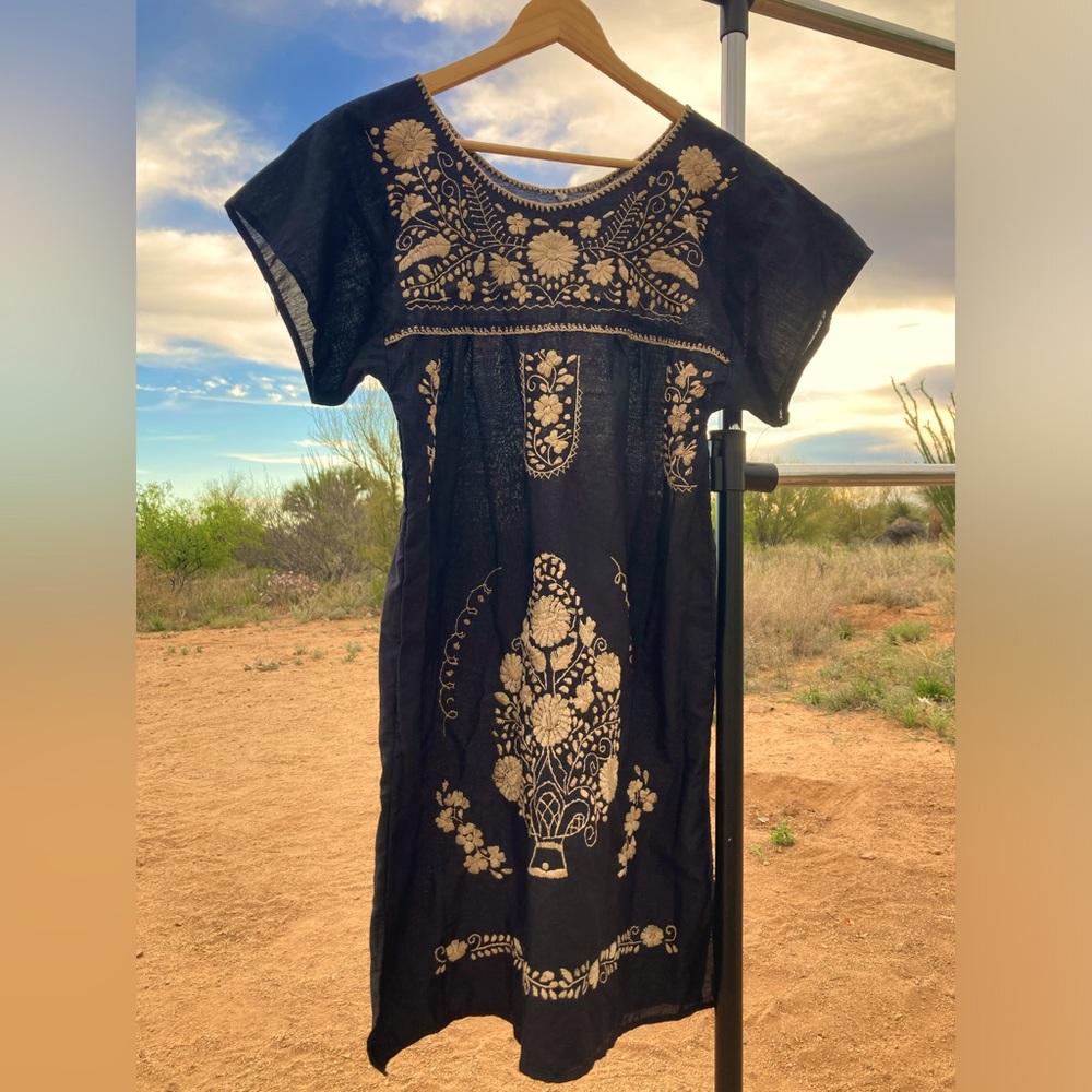 Hand Embroidered Flower Bouquet Mexican Dress - Black
